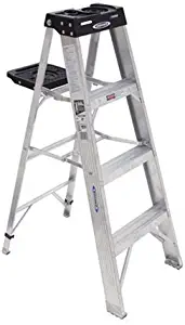 Werner 374 Single Sided Step Ladder with Pail Shelf, 300 Lb, 3 in, 3 in Front X 1-1/4 in Rear, 4-Foot