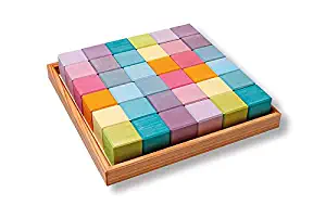 Grimm's Pastel Mosaic Square of 36 Wooden Cubes in Storage Tray, 4x4 cm Size Building Blocks