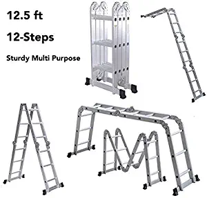 12.5FT 12-Steps Multi Purpose Sturdy Extendable Heavy Duty Step Platform Aluminum Folding Scaffold Ladder