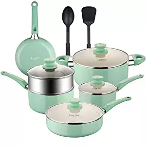 COOKSMARK Pots and Pans Set White Ceramic Coating Nonstick Aluminum Cookware Set With glass lids and Nylon Utensils Sauce Pan with Steamer Dishwasher Safe PTFE, PFOA Free 12-PCS Blue