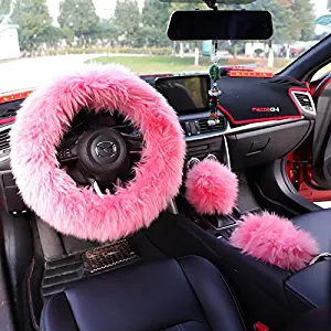 Multicolor Fuzzy Steering Wheel Cover Car Accessories Universal Fit Car Steering Wheel Gear Shift Cover Handbrake Cover (Pink)