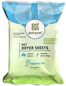 Wet Dryer Sheets Fragrance Free Grab Green 32 Sheets Pack