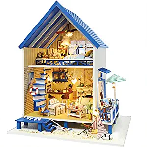 Rylai 3D Puzzles Miniature Dollhouse DIY Kit w/ Light -Romantic Aegean Sea Series Dolls Houses Accessories with Furniture LED Music Box Best Birthday Gift