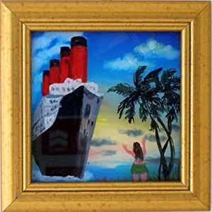 Hula Girl Greeting Steamer Ship Arriving in Hawaii---Original Croatian Naive Art Original Oil Painting by Branimir Bijelic