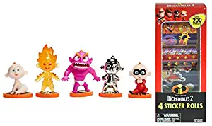 5 Incredibles Jack Jack Action Figure Toys and 200 Incredibles Stickers for Kids, Disney Incredible Toy Figures and Sticker Book of The Incredible Family, Dash, Violet, Elastigril and Mr. Incredible