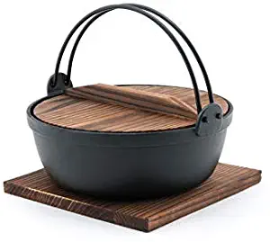 Fuji Merchandise Japanese Style Cast Iron Sukiyaki Tetsu Nabe Pot with Wooden Lid and Tray Quality Enamel Coating (90 fl. oz) 9.75" Diameter