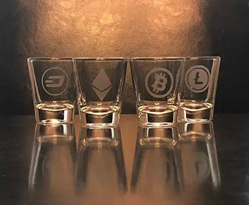 Cryptocurrency Shot Glass Set of 4 - Bitcoin - Ethereum - Litecoin - Dash - blockchain -Crypto Digital Currency