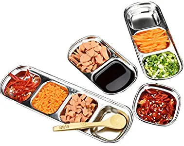 Drizzle Sauce Dish Stainless Steel Soy Tomato Sauce Salt Vinegar Sugar Spices Flavor Condiment Dip Bowls Korean BBQ Home Kitchen Plates (Three squares(3pcs))