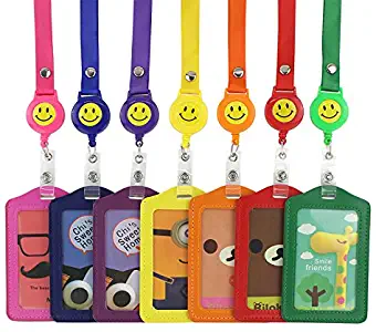 JINL 7 Pcs Ertical Style Assorted Color Faux Leather Business Id Credit Card Badge Holder Clear Pouch Case +7 Pcs Retractable Smile Face Badge Reels with Nylon String