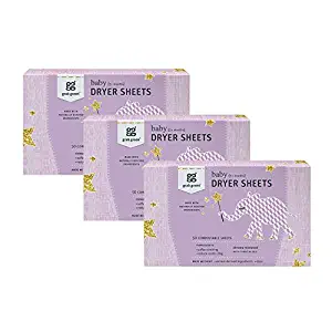 Grab Green {Stage 2} Natural Baby Dryer Sheets {5+ Months}, Compostable, Free of Wax & Animal-Derived Ingredients, Dreamy Rosewood Fragrance—with Essential Oils, 50 Sheets (3-Pack)