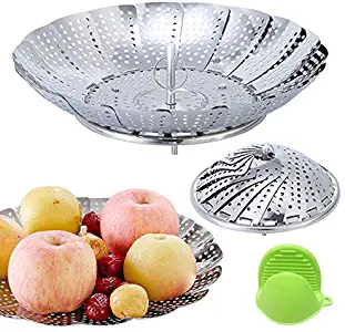 Onebycitess Vegetable Steamer Basket Stainless Steel Collapsible Steamer with Telescoping Strong Handle Folding Steamer Insert for Steaming Veggie Food Seafood Cooking(5.4" to 9")