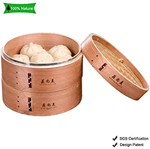 Hooden Asian Natural Handmade Bamboo Steamer 11 Inch Wooden Basket with 2 Tier Rack， Stainless Steel Reinforced for Veggies，Dumplings，Dim Sum，Pork Buns，Chicken，Fish，Rice，Chinese Healthy Kitchen Cooking Set, Portable Cookware