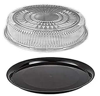 Durable Packaging 12" Black Round Flat Disposable Catering Party Tray Food Platter +Clear Dome Lid (pack of 10)