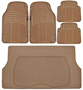 Motor Trend Heavy Duty Beige All Season Odorless Rubber - 4 Piece Floor Mats w/ 1 Piece Trim to Fit Trunk Cargo Liner