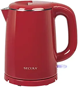 Secura Stainless Steel Double Wall Electric Kettle Water Heater for Tea Coffee w/Auto Shut-Off and Boil-Dry Protection, 1.0L (Red)