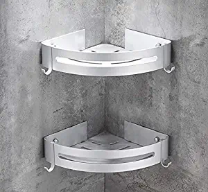 Femcery Shower Corner Caddy Bathroom Corner Shelf with Two Hooks, 2 Tier Storage Shelves Triangle Baskets 2 Pack (silver)