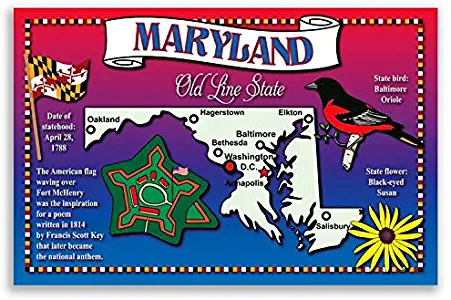 MARYLAND STATE MAP postcard set of 20 identical postcards. Post cards with MD map and state symbols. Made in USA.