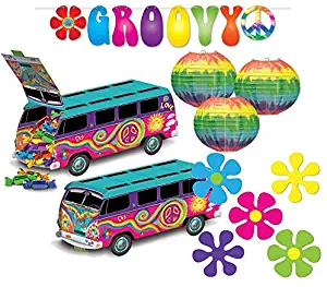 Beistle Hippie Party Decorations Kit with"Groovy" Banner, Peace Bus Centerpiece, Retro Flower Cutouts, and Tie Dye Paper Lanterns