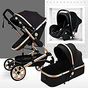 TXTC 3 in 1 Stroller Carriage Foldable Luxury Baby Stroller Anti-Shock Springs High View Pram Baby Stroller with Baby Basket (Color : Black)