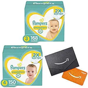 Diapers Size 3, 168 Count and Size 4, 150 Count- Pampers Swaddlers Disposable Baby Diapers, One Month Supply with $20 Gift Card