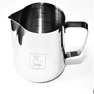 N.joy the Essentials Stainless Steel Milk Pitcher, Suitable for Coffee, Latte and Frothing Milk, Measurements Inside the Pitcher, Available in 20 Oz/590 ml