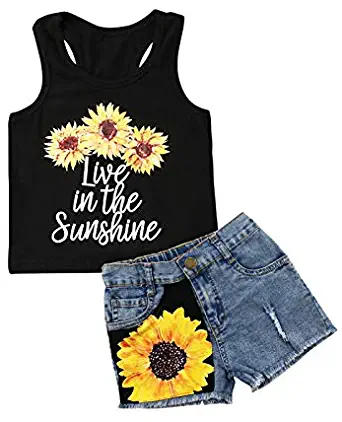 Kids Baby Girls Organic Cotton Floral Sleeveless Vest Tops + High Waist Shorts Denim Pants Baby Summer Clothes Set