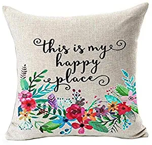 Customize Funny Throw Pillow Cover Plant flower phrases This is my happy place Inspirational Housewarming Birthday Cushion Pillowcase Linen 18x18in Christmas,Wedding,Anniversary Romantic Gifts