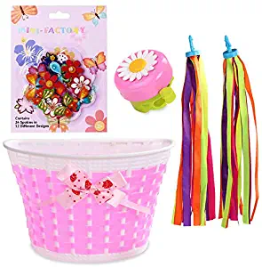 Mini-Factory Kid's Bike Basket and Bell 2pcs Play Set for Kid Girls, Cute Cartoon Unicorn Pattern Bicycle Handlebar Basket Plus Safe Cycling Ring Horn